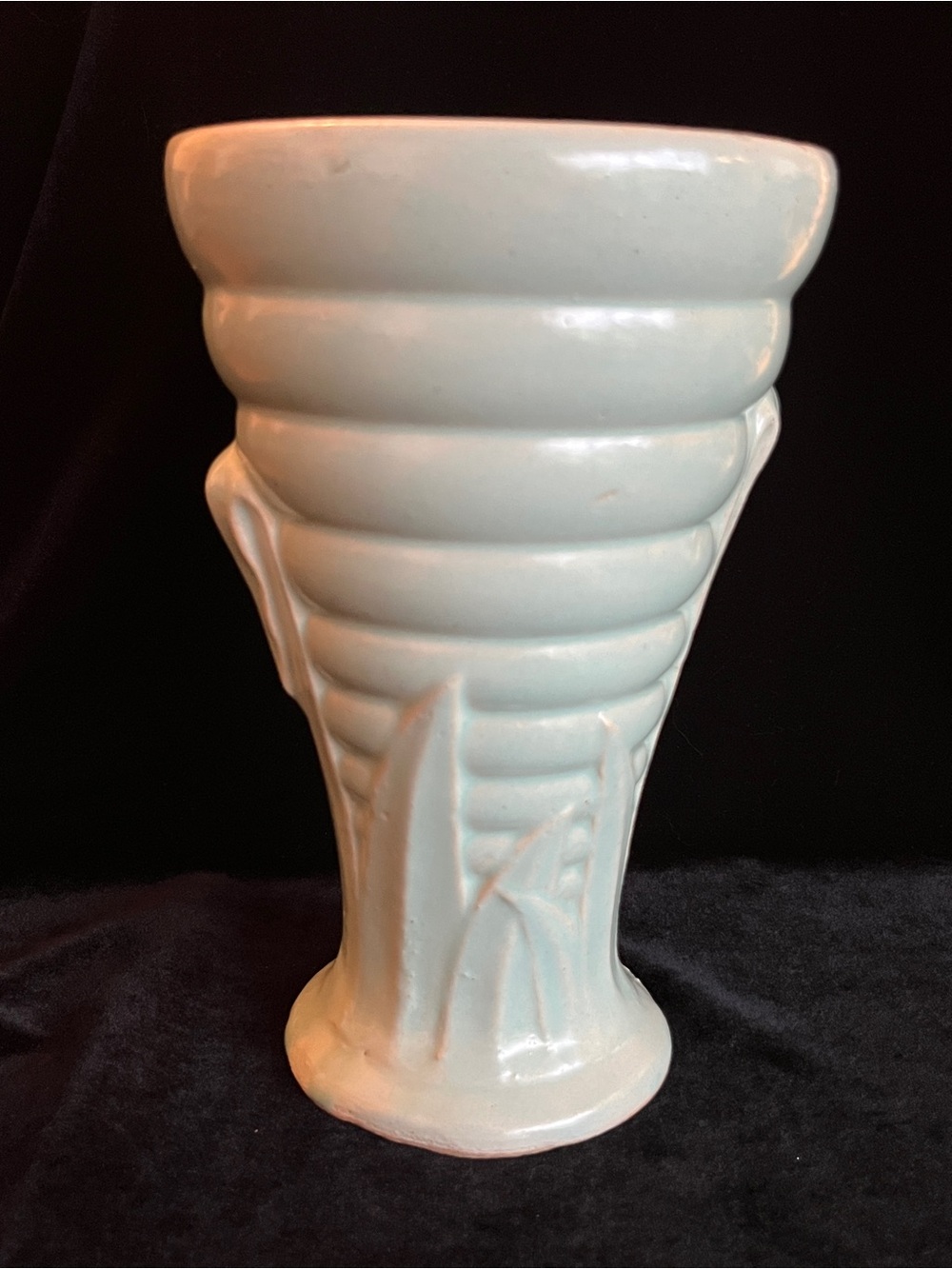 Vintage 1930's Brush McCoy Art Pottery Banded Ring and Leaves Vase Sea Green #52